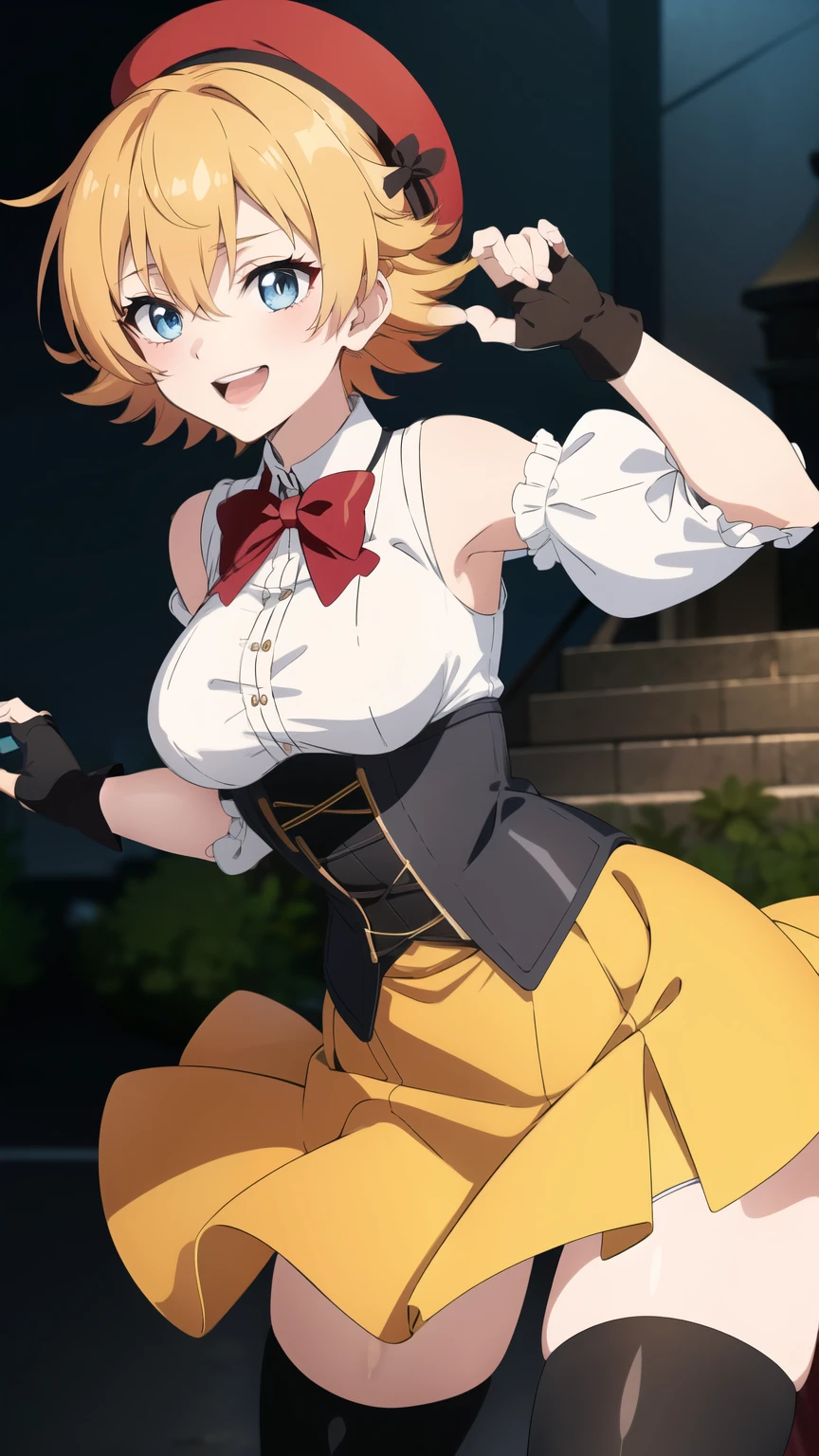 (masterpiece,best quality, 8k:1.2),(anime),1girl,mature female,igawa sakura,(Dark blue eyes, Eye light: 1.2), medium breast,wide hips, (magical girl, beret, hat, juliet sleeves, sleeves, puffy sleeves, bow, red bow, corset, yellow skirt, fingerless gloves, gloves, thighhighs, vertical-striped thighhighs, Smile),dynamic poses, dynamic angles