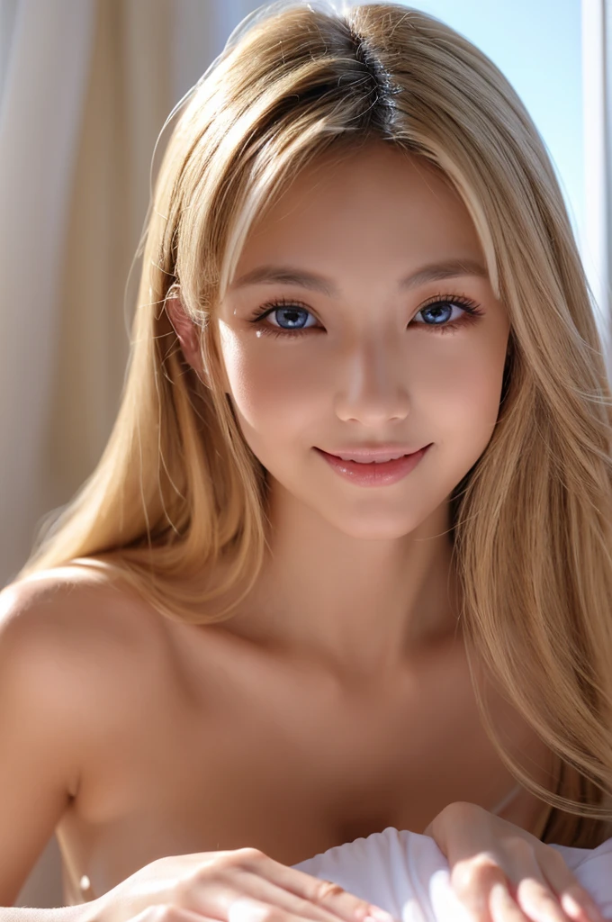 An 11 year old,   blonde,  Linda,  smiling sexy,  She's shirtless.,  your nipples are showing, she is naked, she has no panties,  marking your vulva, cameltoe,  camel's paw, vaginal lips