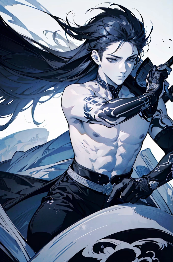 young boy, Long, black, unkempt hair,,,,,,,,, Cyan eyes, brawn, Viking, open torso, horned helmet, a sword, grimm, Masterpiece, hiquality
