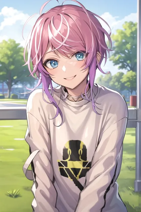 amemura ramuda, from front, upper body, smile at me, white t-shirt, clear sky, outside, in the park