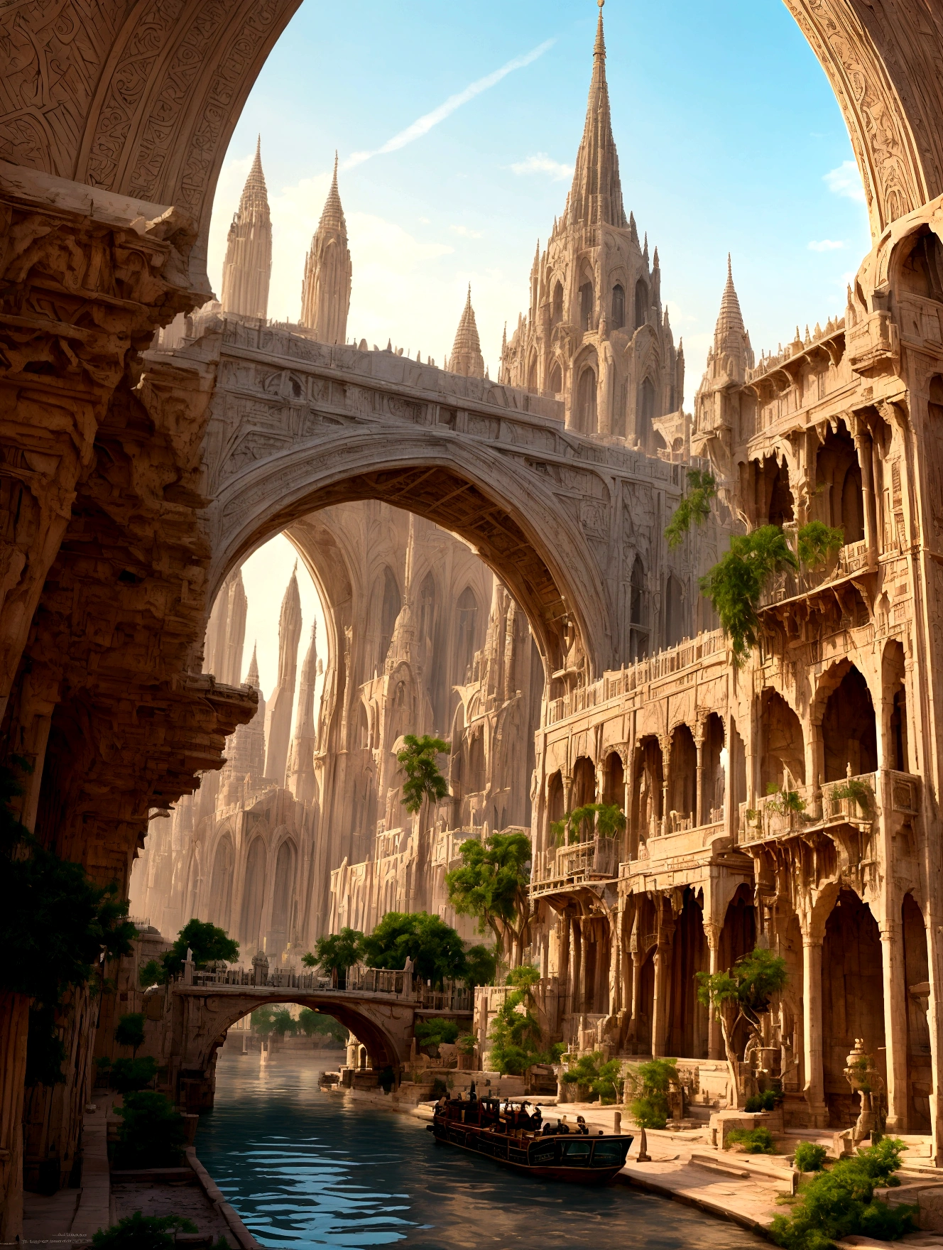 In the heart of the desert, ancient whispers echo through the gleaming spires of an shiny white city that defies time. The city is filled with beautiful intricate and interconnected canals and a lush exuberant vegetation, closeup view.