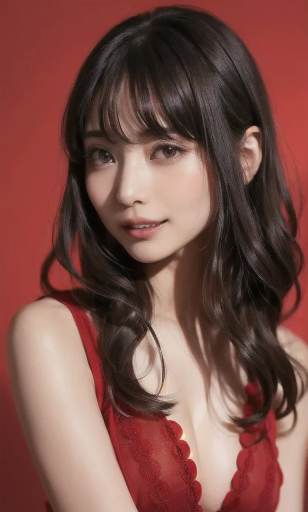 (software:1.8、masterpiece, Highest quality),1 Girl, alone, have, Realistic, Realistic, Looking at the audience, Light brown eyes, Highly detailed shiny long hair,Beautiful symmetrical face、Spring Clothes:1.6, Whity, lips, bangs, Highly detailed beautiful face、very fine and beautiful eyes、, Mouth closed, Upper Body、Big eyes、eyelash、((Very simple red background:1.8))、(((bangsのある黒いロングヘア、Short shiny hair、Big eyes、big and full chest、Looking at the audience、Innocent beauty、Show me your ears、Beautiful long neck、smile、please close your mouth and smile)))、Ideal body type、{Huge|big|Hugeな|Mega} chest:2, chestの谷間:2、幸せなsmile、Beautiful Teeth、White Lingerie