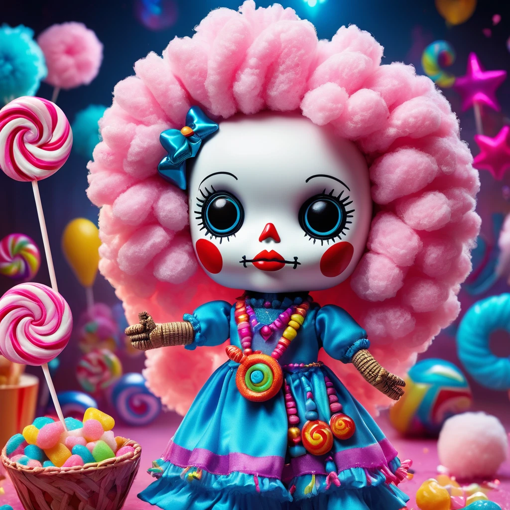 (knitted toy voodoo doll:1.2), (Voodoo with Cotton Candy:1.3), (Clothing: casual outfit with candy patterns:1.0), (Accessories: enchanted cotton candy stick, glowing candy floss, mystical sweets:1.2), (background: lively carnival with floating, glowing sweets and magical light:1.2), best quality, masterpiece, detailed soft oil painting, detailed background, dramatic cinematic lighting, soft edge lighting, professional, dramatic lighting, hard edge lighting, ultra quality, 4k,masterpiece, best quality, 8k, ultra highres, highres, extremely detailed