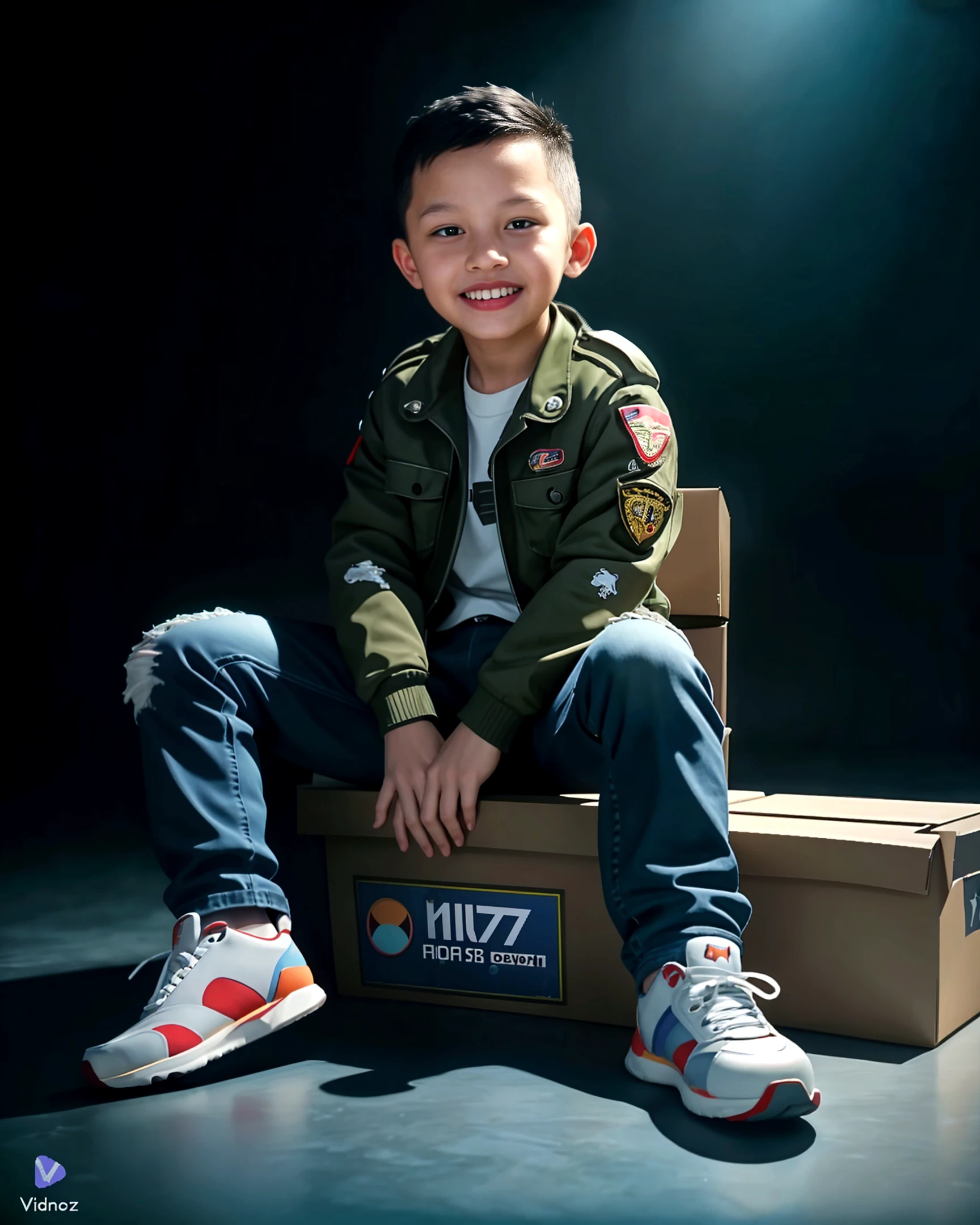 Boy standing on a soccer ball in front of a Christmas tree, cabelo liso, foto comercial do brinquedo, Standing on a soccer ball, Usando Nike Air Mags, imagem interna, catalog photo, advertising photo, holiday season, cabrito, menino novo, foto de retrato de corpo inteiro, Artem, hoverboards, in an action pose, com uma pose cool, Pose legal, foto comercial