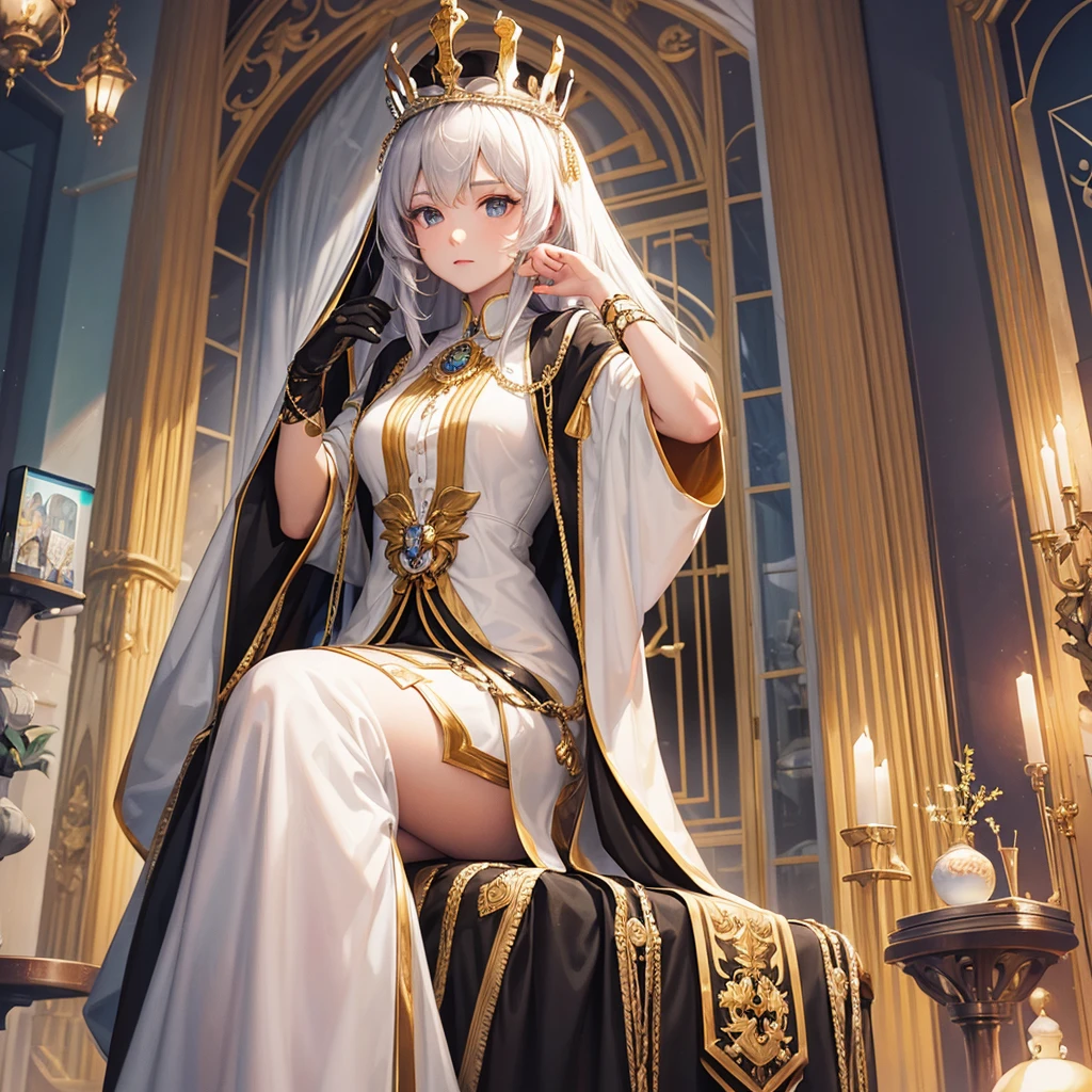 ((1 mulher rainha, Mulher com , erigir )),((com uma capa nas costas, com coroa))),((seios gigantescos, bare breasts, seios eretos, agarrando seios)),((cabelos brancos) ),((olhos castanhos, Cara desesperada)),((sentado em um trono de ouro,sentado de costas, perna direita sobre a perna esquerda)),((em um castelo assombrado, at night)),((1 arm behind the back)),