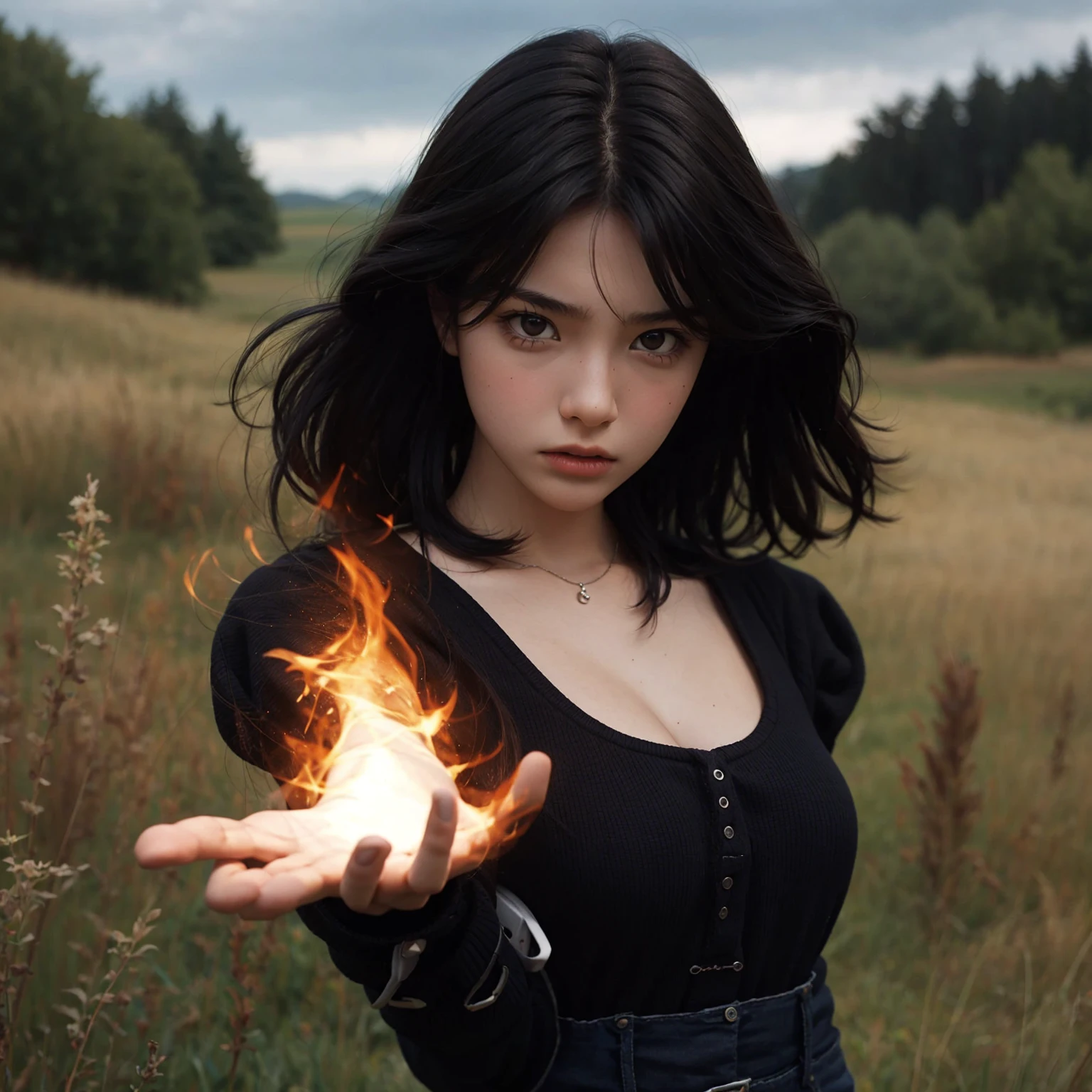 Beautiful sixteen year old girl with dark hair, standing in the meadow, wearing modern clothes, with an angry expression, holding one hand forward, There&#39;s a magic spark in that hand.