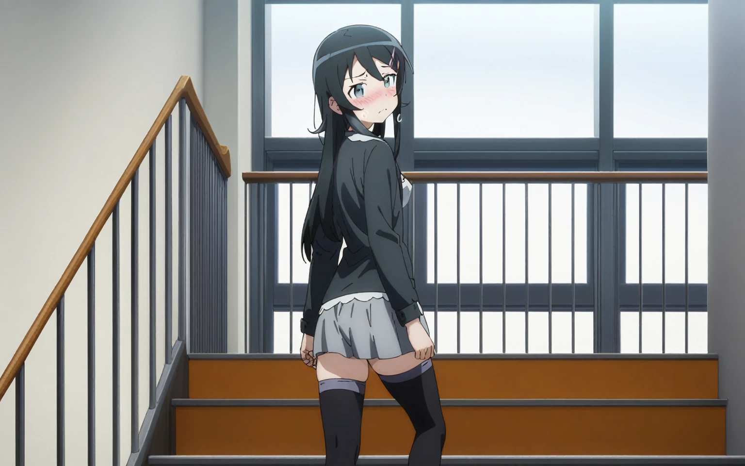 nsfw,(masterpiece, highest quality: 1.2), looking up from the bottom of the stairs、とてもEmbarrassingパニックsmile, looked back、Leaning forward、(The wind blew up her skirt, exposing her buttocks.....................、Touch your buttocks with both hands、alone, 1 girl, alone, panties,,black,Sailor suit,blazer,your heather, smile, Mouth closed, View your viewers, Long black hair, head band, Earrings, Big Breasts, Medium Waist, Medium Hips, wide thighs, Embarrassing, Charm, smiling with her Mouth closed, Good move.., Excellent anatomy,panties,,Sailor suit,blazer,looking up from the bottom of the stairs、とてもEmbarrassingパニックsmile, looked back、Leaning forward、(The wind blew up her skirt, exposing her buttocks.....................、Touch your buttocks with both hands、