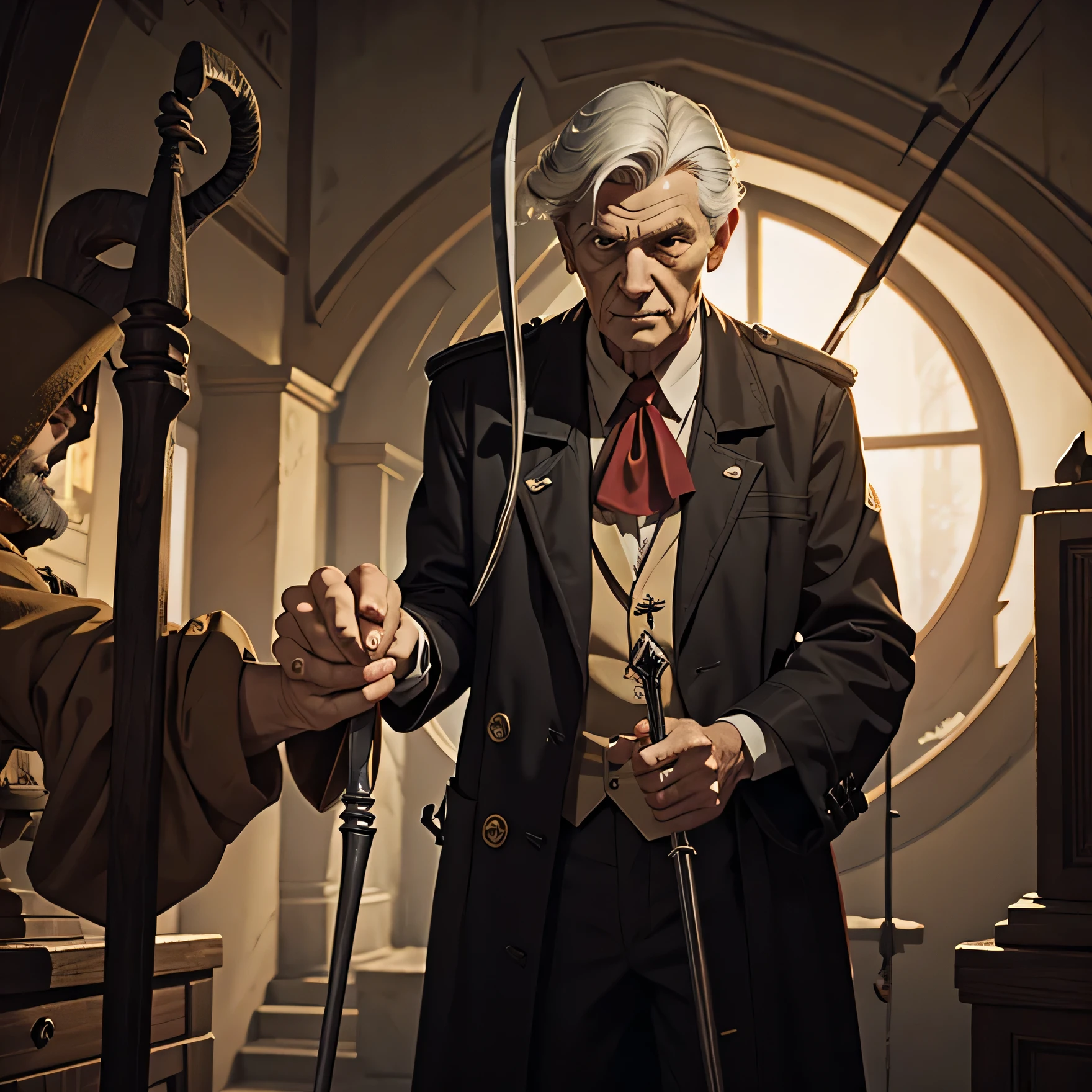 Hand holding a cane with a sickle tip