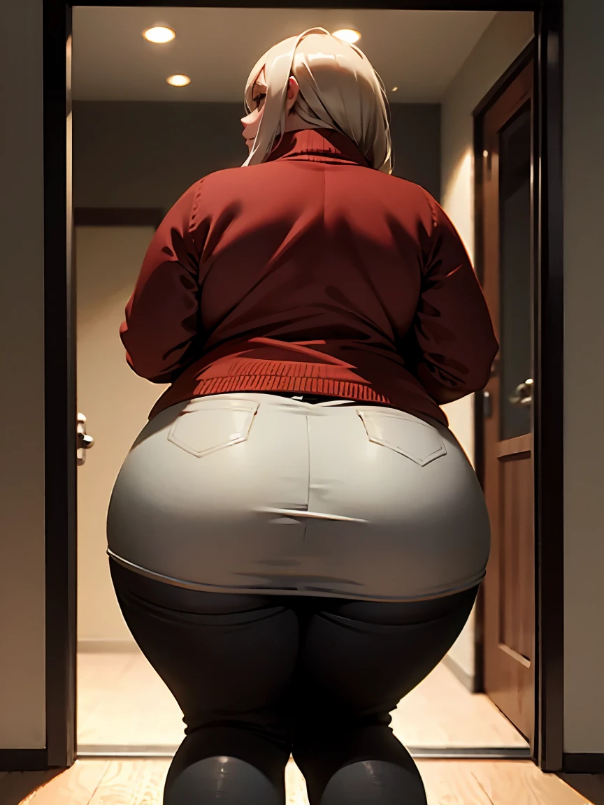 View through a door to the outside., evening, winter, a voluptuous woman with a curvy body waits outside, wide, she is wearing a open winter coat, tight pants, She is undecided if she should go in., depth of field, shot from behind