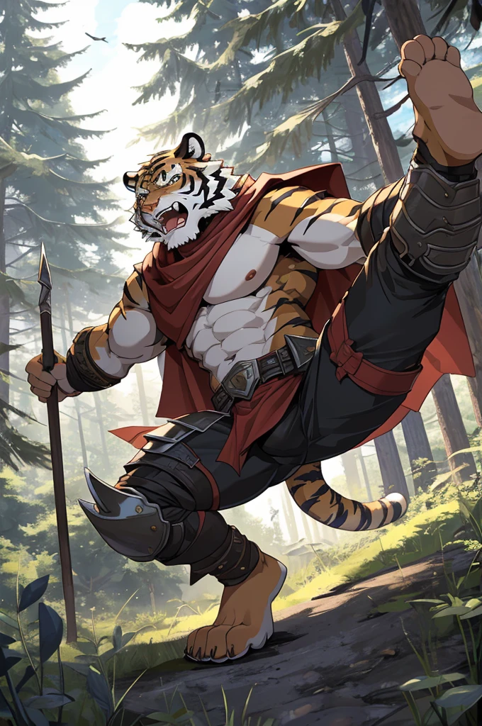 tigre,Young adults,strong,elegant,guerrero,attractive body,Tiger Claw,scantily clad(Scapula,armor knee pads,crotch lump,Genitals are extremely prominent.,off white loincloth,Bare chest and abdomen,bare thighs,barefoot),Expression(vigilante,gnashing of teeth),action(Open your legs,Lower your center of gravity,vigilante),alone,Looking angry at the camera,Challenge the camera character to a duel.,Environment(Clearing in open forest,There are few low weeds around.,There are pine trees in the distance.)
