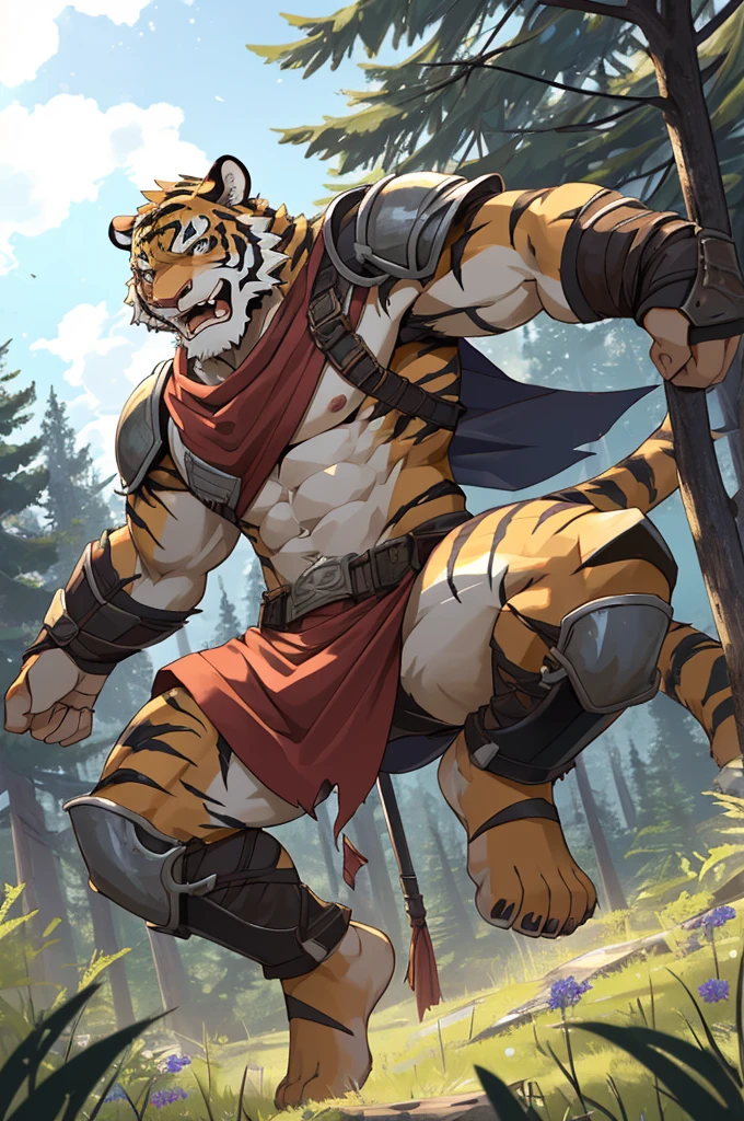 male tiger, eyes, Young adults,strong,elegant,guerrero,attractive body,Tiger Claw,scantily clad(Scapula,armor knee pads,crotch lump,Genitals are extremely prominent.,torn black briefs,Bare chest and abdomen,bare thighs,barefoot),Expression(vigilante,gnashing of teeth),action(Open your legs,Lower your center of gravity,vigilante),alone,Looking angry at the camera,Challenge the camera character to a duel.,Environment(Clearing in open forest,There are few low weeds around.,There are pine trees in the distance.)