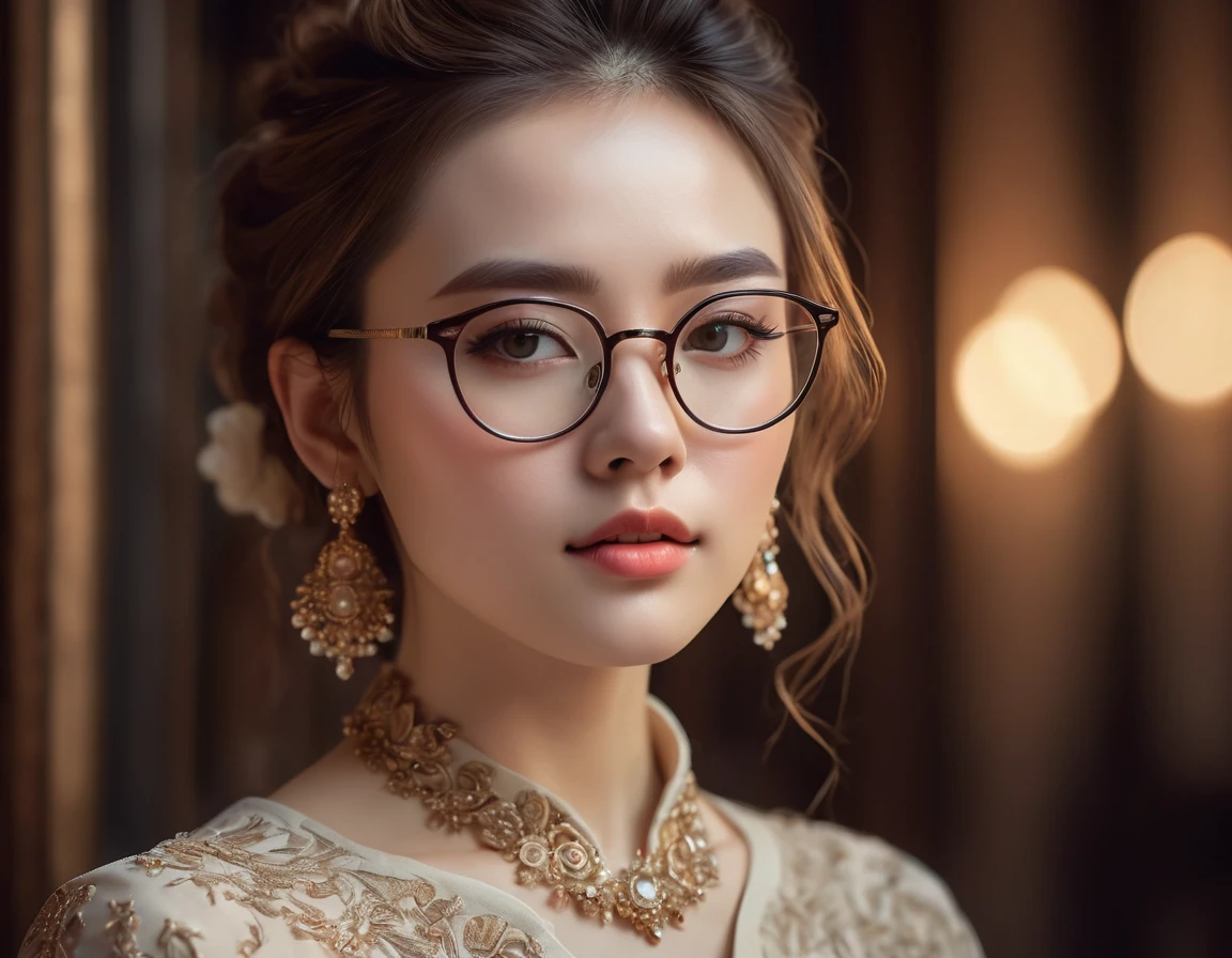 beautiful girl wearing glasses,detailed facial features,long eyelashes,porcelain skin,delicate facial expression,elegant hairstyle,intricate jewelry,detailed clothing,atmospheric lighting,dramatic lighting,cinematic composition,warm color palette,soft focus,digital painting,highly detailed,masterpiece,4k,photorealistic