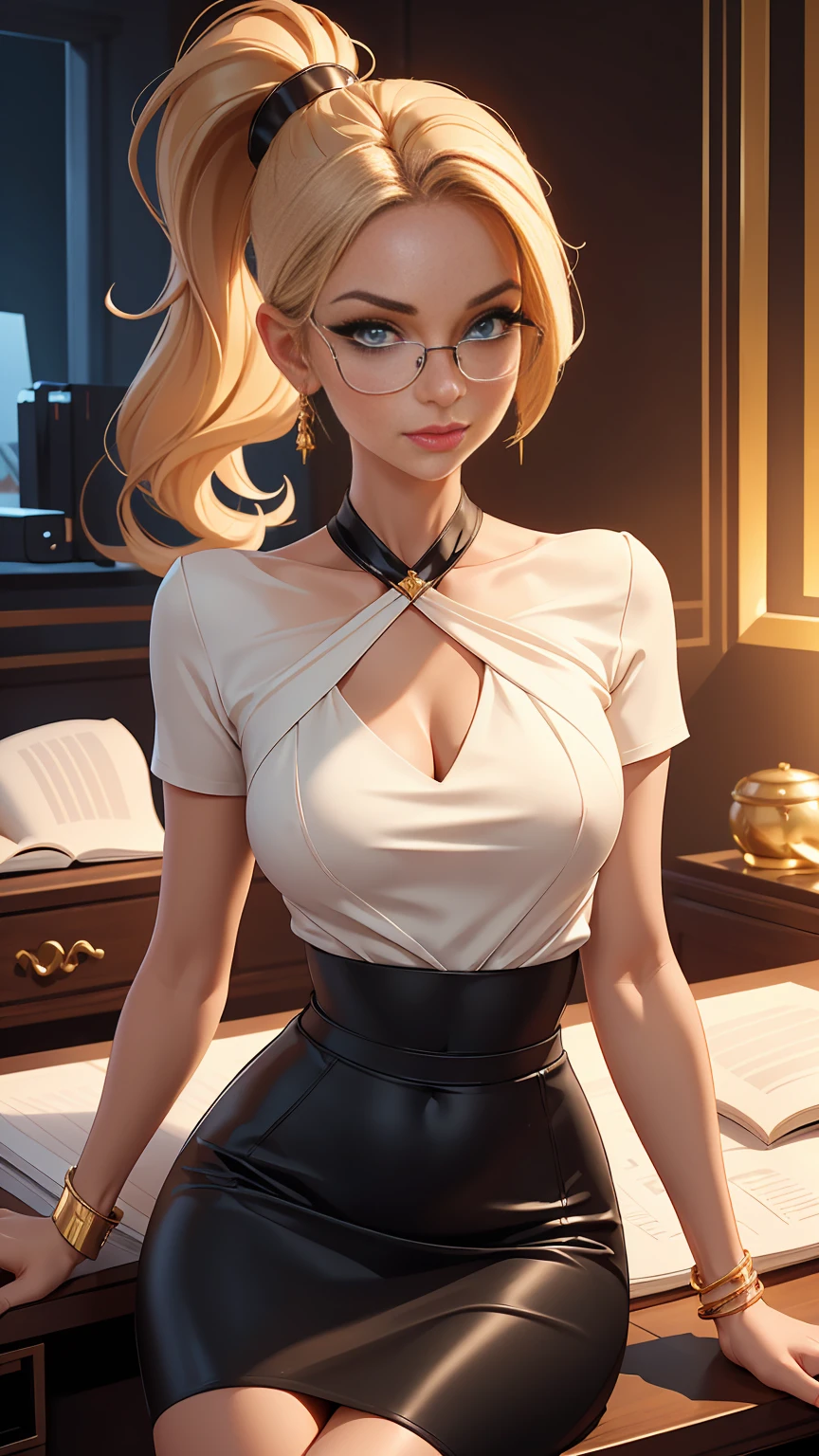 Beautiful woman with short straight ponytail blonde hair with blue eyes wearing a Black Tight Skirt, a Sexy Criss Cross Mock Neck Short Sleeves Red Blouse, luxurious jewelry and a luxurious necklace, 18k gold wedding ring on left hand, rimless glasses, sitting on her chair with cross-legged in her office room at night, (caucasian skin), (light brown lipstick), (elegant mascara), (slim body), (small breasts), (wide hips), midjourney, <lora:GoodHands-, <lora:GoodLegs-, UHD, high resolution, (expressive eyes, perfect face, full body, expressive face, perfect body, perfect pussy, athletic, fit, slim body, blushing, Perfect makeup, eyeliner, beautiful eyelashes, smiling, horny face), ((best illumination, best shadows)), ((sexy pose))