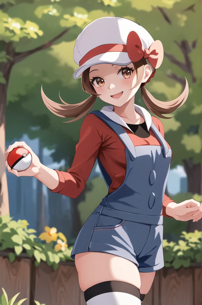 masterpiece, best quality, highres, ly01, overalls, white thighhighs, red bow, red shirt, white headwear, hat bow, eyelashes, cowboy shot, outdoors, smile, holding poke ball, poke ball,looking at standing viewer sexy