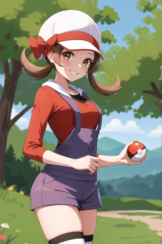 masterpiece, best quality, highres, ly01, overalls, white thighhighs, red bow, red shirt, white headwear, hat bow, eyelashes, cowboy shot, outdoors, smile, holding poke ball, poke ball,looking at standing viewer sexy