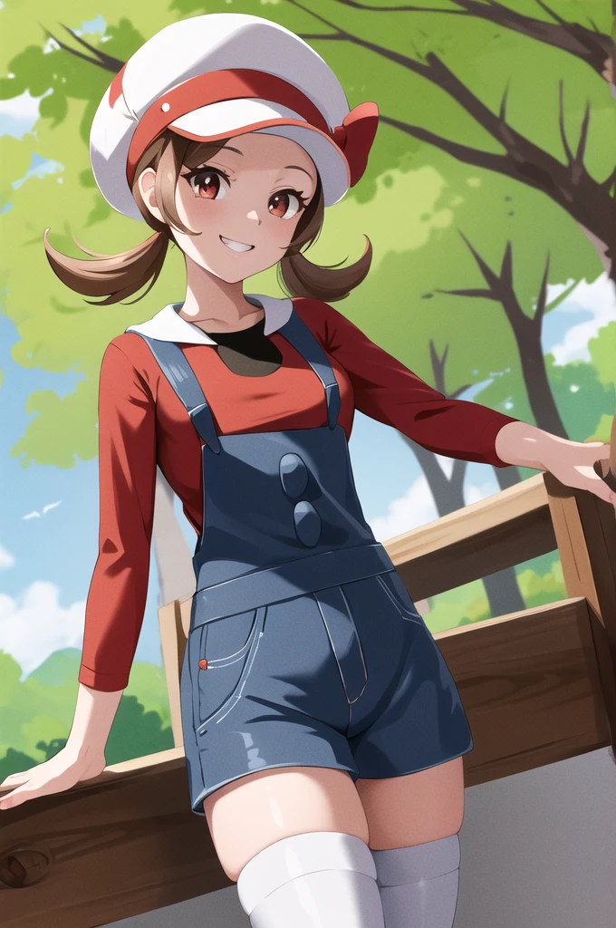 masterpiece, best quality, highres, ly01, overalls, white thighhighs, red bow, red shirt, white headwear, hat bow, eyelashes, cowboy shot, outdoors, smile, holding poke ball, poke ball,looking at standing viewer sexy