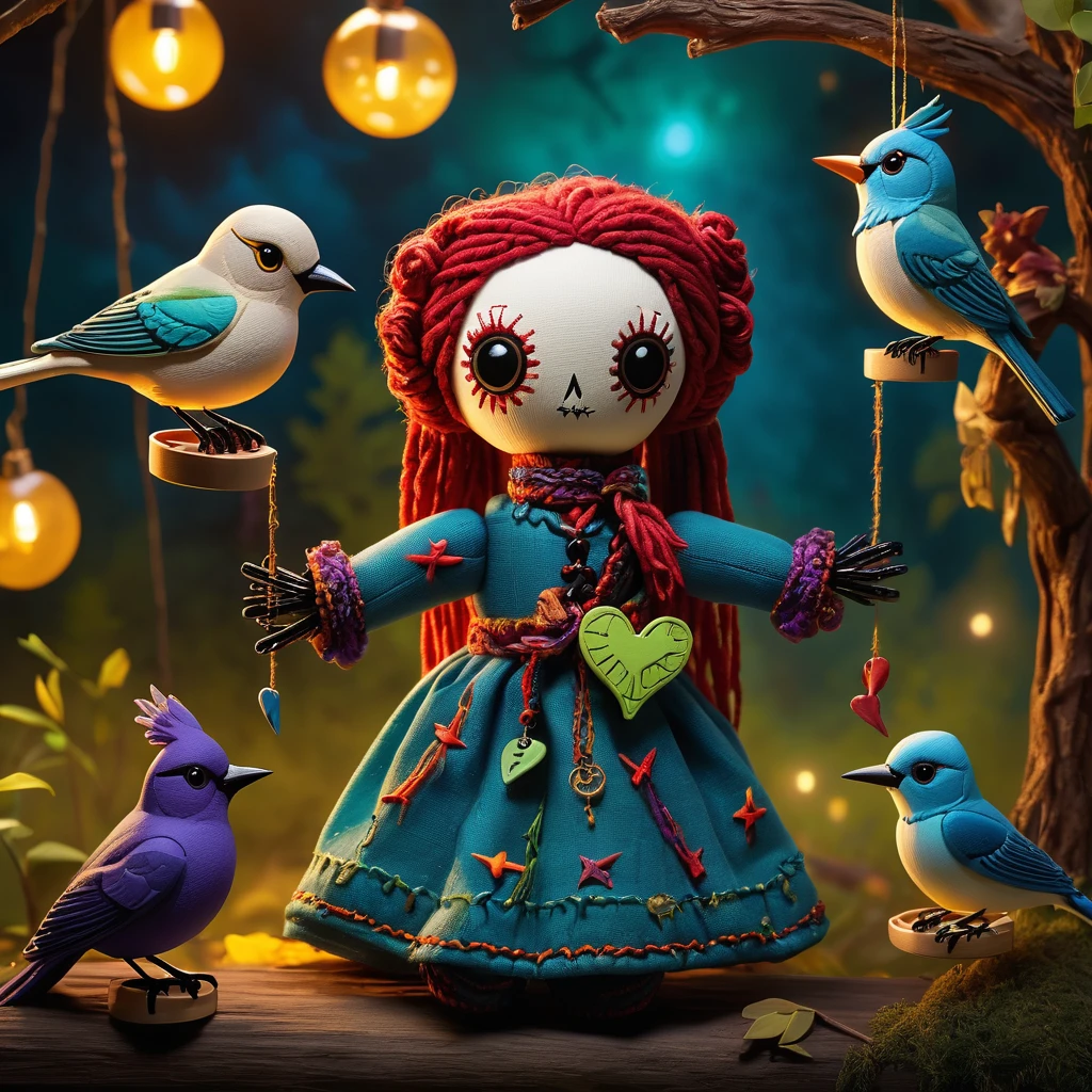(knitted toy voodoo doll:1.9), (Voodoo Crane:1.2), (Mystic Dancer:1.3), (Clothing: elegant feathers with glowing dance patterns:1.0), (Accessories: enchanted dance fan emitting sparks of grace magic, levitating spectral feathers:1.1), (background: tranquil pond with floating lilies, glowing water, and spectral dancers:1.2), best quality, masterpiece, detailed soft oil painting, detailed background, dramatic cinematic lighting, soft edge lighting, professional, dramatic lighting, hard edge lighting, ultra quality, 4k,masterpiece, best quality, 8k, ultra highres, highres, extremely detailed