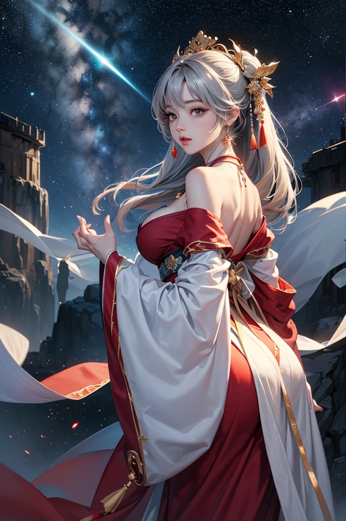 (masterpiece:1.5, Highest quality, Very detailed、 Dutch Angle、Semi-realistic、Fantasy)(One Girl, alone)(Silver Hair:1.6,,Straight Long Hair)(Wearing Han clothes, Royalty、White and red Hanfu:1.5,Thick fabric,Long sleeve)、((Off the shoulder、medium breasts, Beautiful cleavage、ruby ​​necklace))(from backside),(Beautiful starry sky、Mystical Night、Particles of light float around the woman、Fantastic space)
