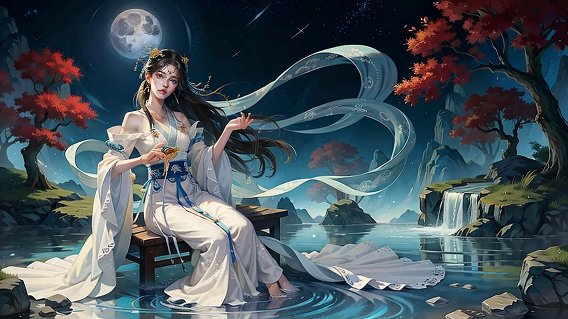 （（High quality，quality，quality，Extreme details，Masterpiece detail eye)),A 20-year-old oriental beautiful woman,White long hair shawl,moving eyes,Wearer white long sleeves,Ice and Snow Garden,in the pavilion,Sitting person plays the ice crystal guzheng