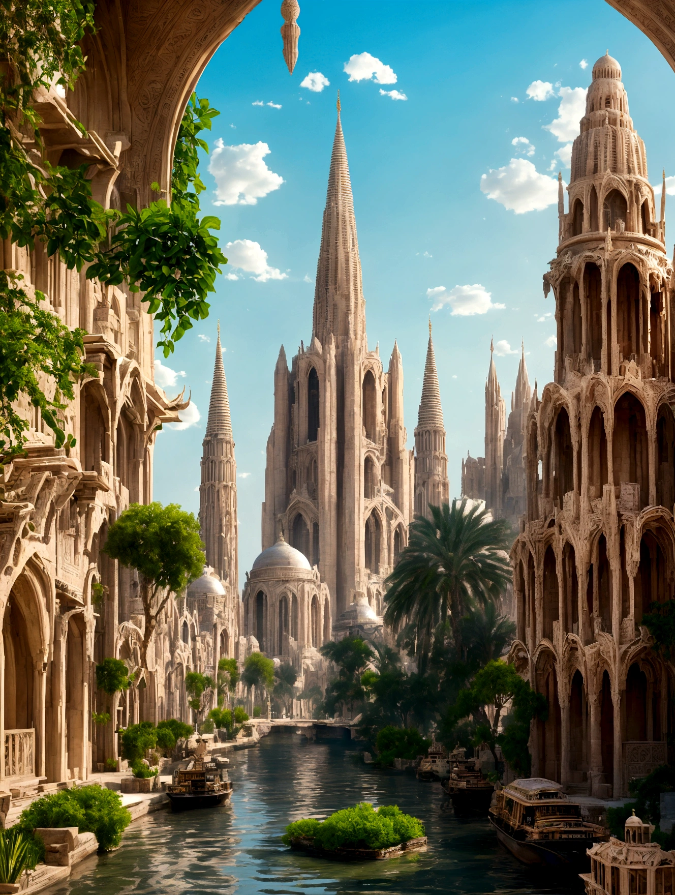 In the heart of the desert, ancient whispers echo through the gleaming spires of an shiny white city that defies time. The city is filled with beautiful intricate and interconnected canals and a lush exuberant vegetation, closeup view.