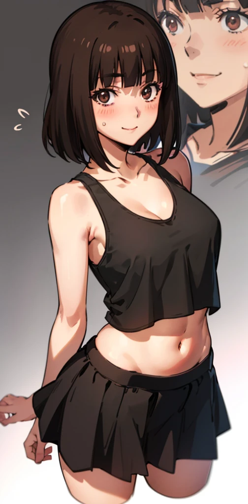 (anime:1.2), (best quality:1.1), (masterpiece:1.1), (absurdres:1.0), portrait,
1girl, kurihara chiyo, bob cut, brown hair, brown eyes, bangs, blunt bangs, medium breasts, blush, smile, happy, cute, ((black cropped tank top,black skirt, midriff, Healthy skin)), cum on face, standing,navel.