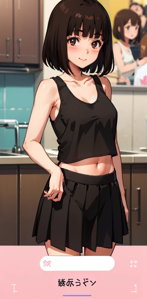 (anime:1.2), (best quality:1.1), (masterpiece:1.1), (absurdres:1.0), portrait,
1girl, kurihara chiyo, bob cut, brown hair, brown eyes, bangs, blunt bangs, medium breasts, blush, smile, happy, cute, ((black cropped tank top,black skirt, midriff, Healthy skin)), cum on face, standing,navel.