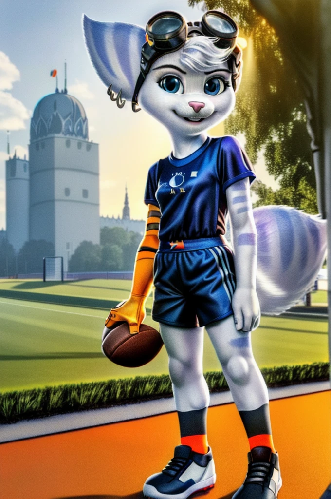 Rivet, tail, furry girl, 1girl, solo, young, ((Germany football shorts)), ((Germany football shirt)), ((Germany football shoes)), standing inside city park, detailed body fur, detailed body, detailed eyes, detailed face, athletic, skinny, high quality, masterpiece, small breasts, goggles, :D, looking at you, full body, (good lighting on crotch),