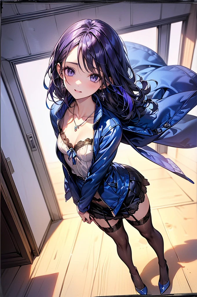 (Highest quality, 8k, Oil, Tabletop:1.2), Very detailed, (Realistic, Realistic:1.37), (((Full Body Shot)))、Bright colors, (((Disappointed look)))、(((Black and blue polka dot outfit)))、(((Blue camisole)))、(((20Women of a certain age)))、(((A little bit of chest is visible)))、Studio Lighting,Long Hair、Twin tails、Red eyes、Purple Hair、hair band、 ((( White Background))), (((I'smile)))、((()))、(((Pure white wall background)))、(((In front of a white wall)))、(((Cover your mouth with your hand)))、