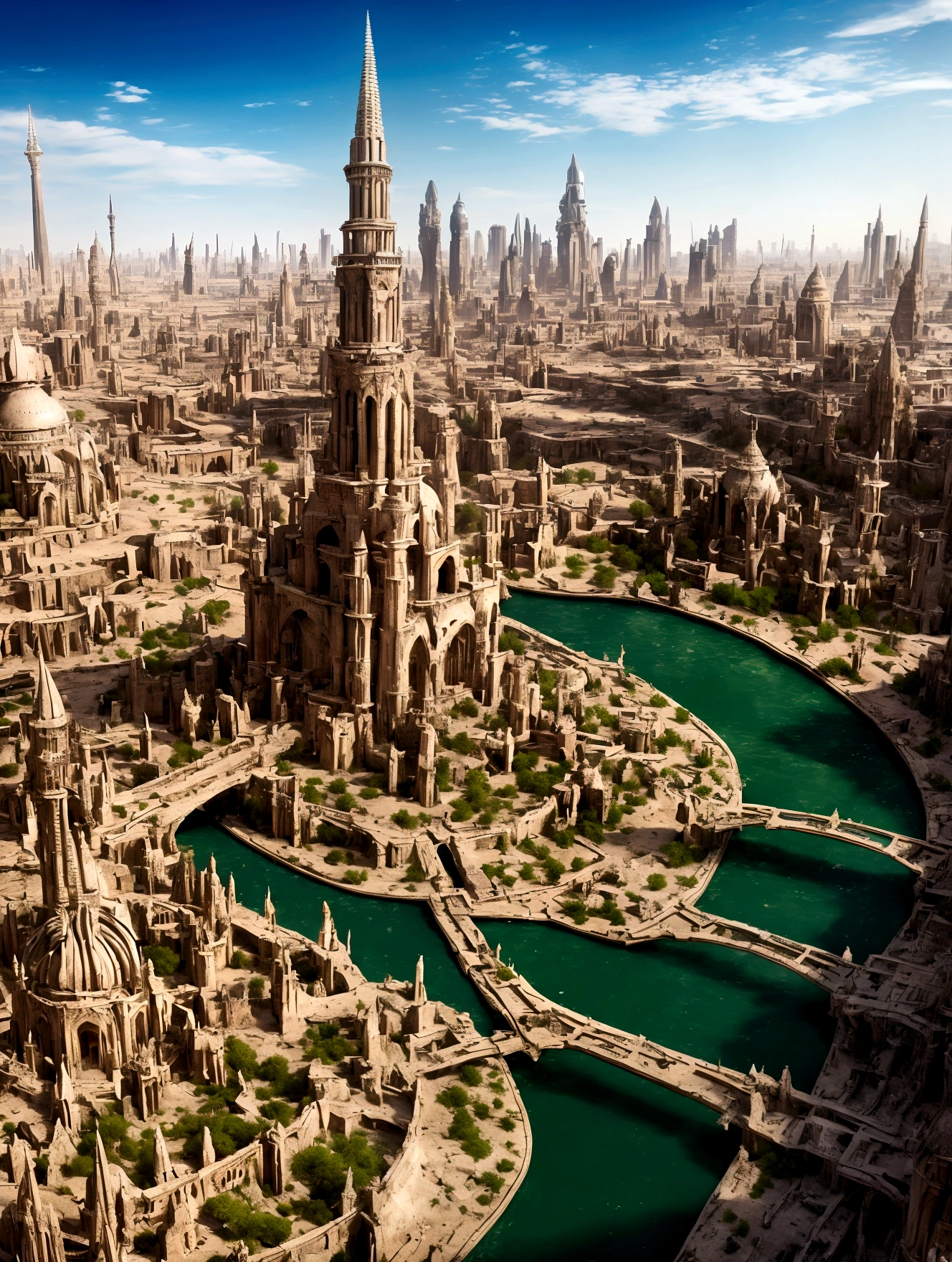 In the heart of the desert, ancient whispers echo through the gleaming spires of an shiny white city that defies time. The city is filled with beautiful intricate and interconnected canals and a lush exuberant vegetation, closeup view.