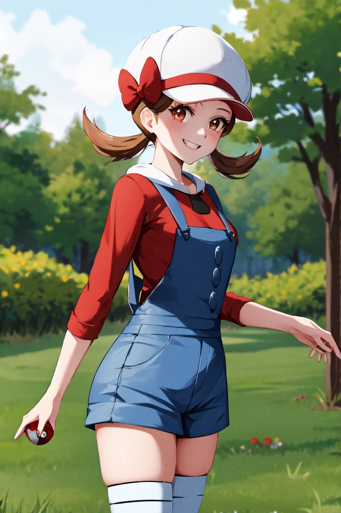 masterpiece, best quality, highres, ly01, overalls, white thighhighs, red bow, red shirt, white headwear, hat bow, eyelashes, cowboy shot, outdoors, smile, holding poke ball, poke ball, looking at standing 