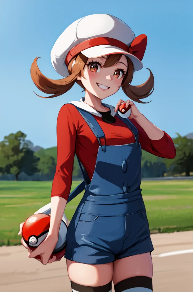 masterpiece, best quality, highres, ly01, overalls, white thighhighs, red bow, red shirt, white headwear, hat bow, eyelashes, cowboy shot, outdoors, smile, holding poke ball, poke ball, looking at standing 