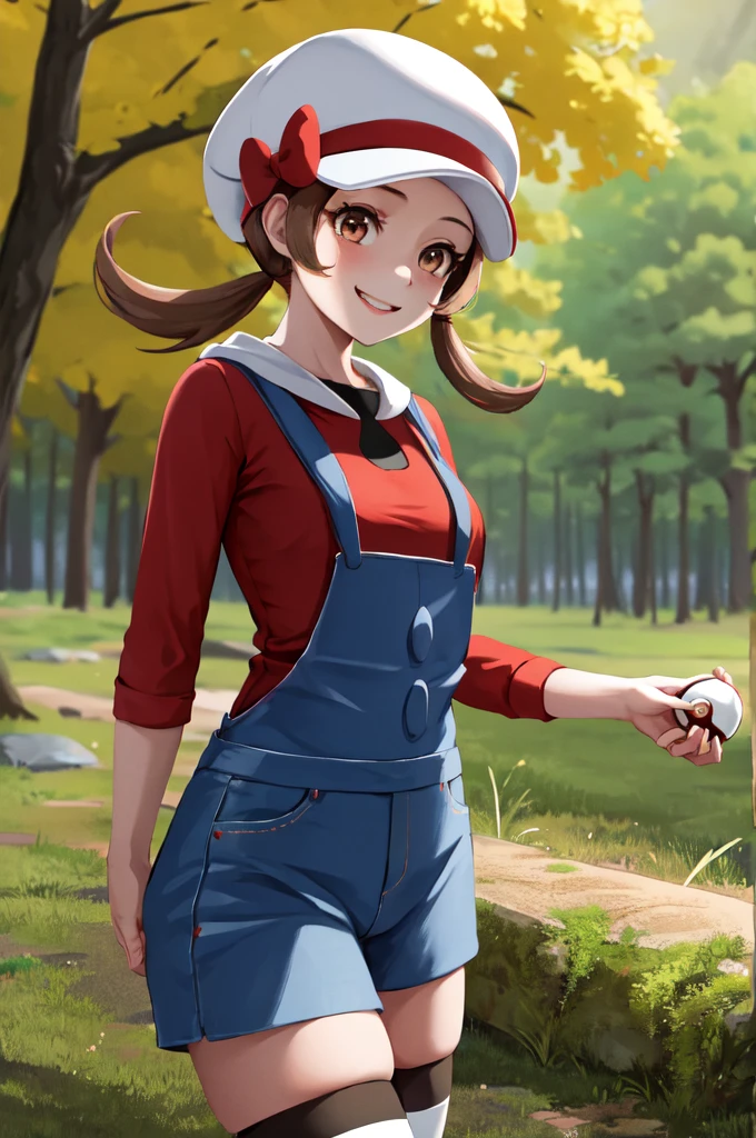 masterpiece, best quality, highres, ly01, overalls, white thighhighs, red bow, red shirt, white headwear, hat bow, eyelashes, cowboy shot, outdoors, smile, holding poke ball, poke ball, looking at standing 