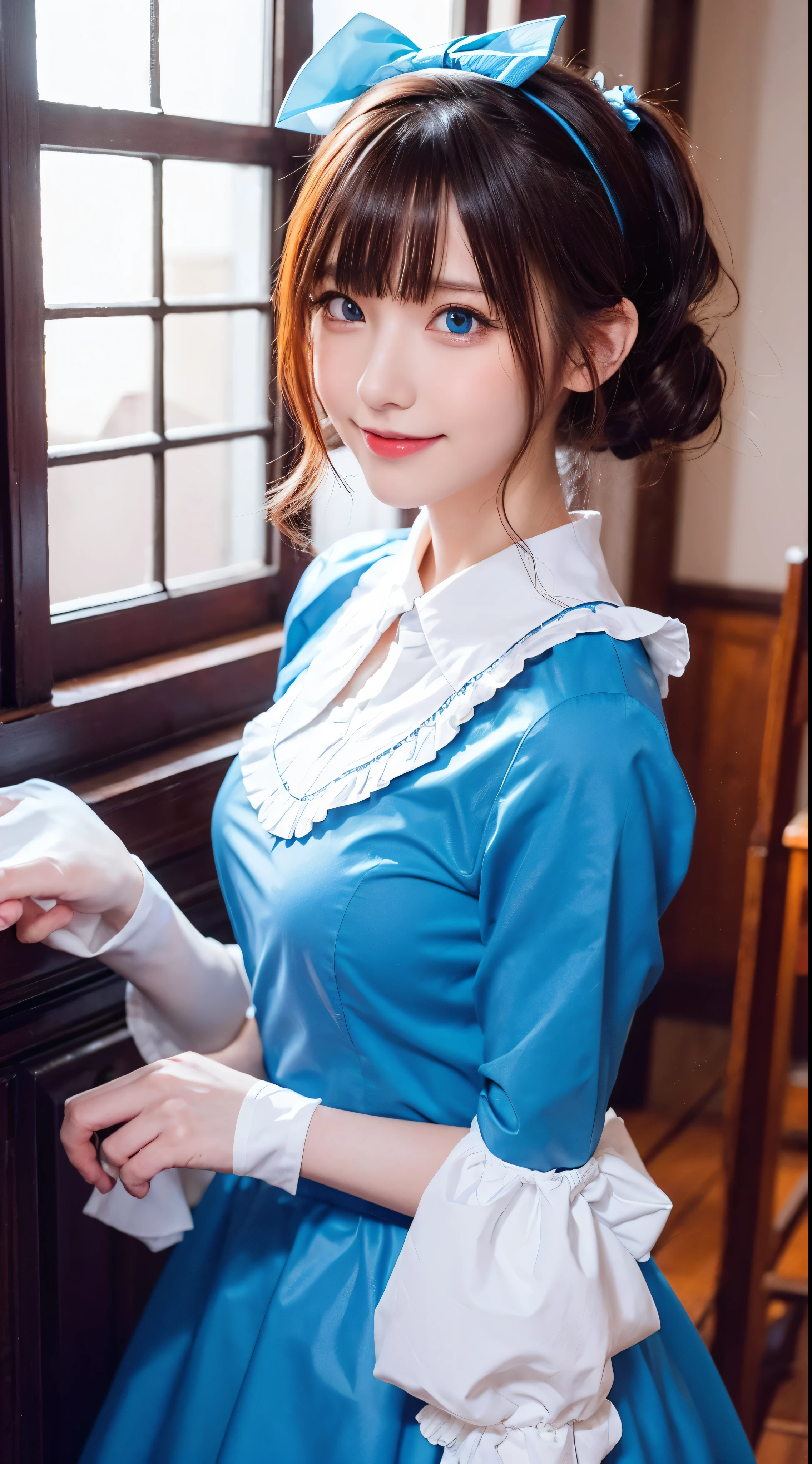 masterpiece,best quality,anime,(2d:1.2),indoors, ,  1girl, roswaal mansion maid uniform, solo, maid, cyan blue eyes, short hair,bow hairband, hair between eyes, detached sleeves, looking at viewer, red hairband,ribbon, bangs, looking back, bow, orange hair,red ribbon, black sleeves, window, long sleeves, apron, white bow, frills,ribbon trim,light smile, own hands together,