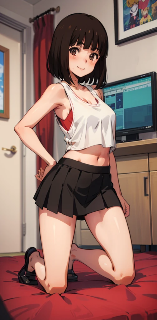 (anime:1.2), (best quality:1.1), (masterpiece:1.1), (absurdres:1.0), portrait,
1girl, kurihara chiyo, bob cut, brown hair, brown eyes, bangs, blunt bangs, medium breasts, blush, smile, happy, cute, ((black cropped tank top,black skirt, midriff, Healthy skin)), cum on face,navel, kneeling, full body. 