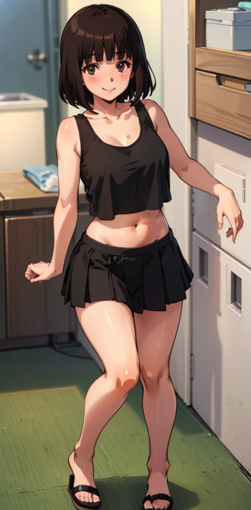 (anime:1.2), (best quality:1.1), (masterpiece:1.1), (absurdres:1.0), portrait,
1girl, kurihara chiyo, bob cut, brown hair, brown eyes, bangs, blunt bangs, medium breasts, blush, smile, happy, cute, ((black cropped tank top,black skirt, midriff, Healthy skin)), cum on face,navel, kneeling, full body. 