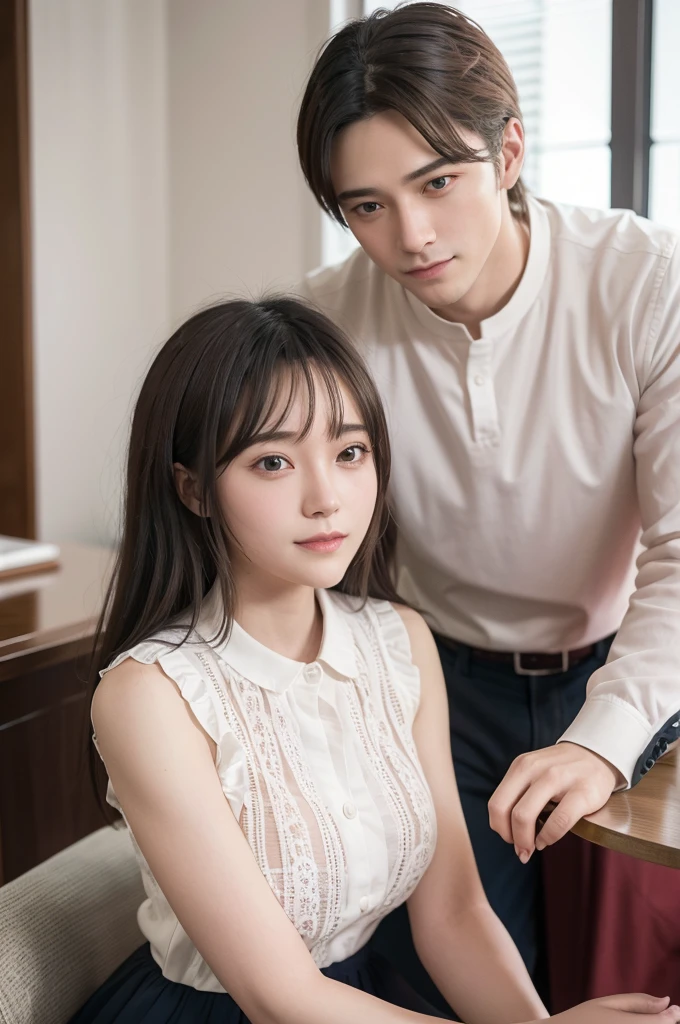 (8K、RAW Photos、Highest quality、masterpiece:1.2)、(Realistic、Realistic)、1 Girl、Lots of eyelashes、Glowing eyelids、skeletally correct、1 Male、((((((The man is standing behind the girl、A man is hugging a girl from behind))))))