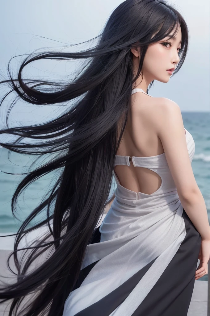 rice, (Very detailed, Very realistic, Very sharp, Hyperrealism, Ultra-realistic, Highest quality):1.2, 1 girl, (独奏:1.3), (Hair that grows to the knees:1.1, Ridiculously long hair:1.4, hime cut, straight hair, black hair), (Detailed Hair, Detailed skin), (Slim figure, Flat Chest), (Wearing a black suit:1.8), (Photograph the back:1.5), (Hair tousled by the wind:1.5), Standing posture, (No background:1.5, White background:1.3), Soft lighting