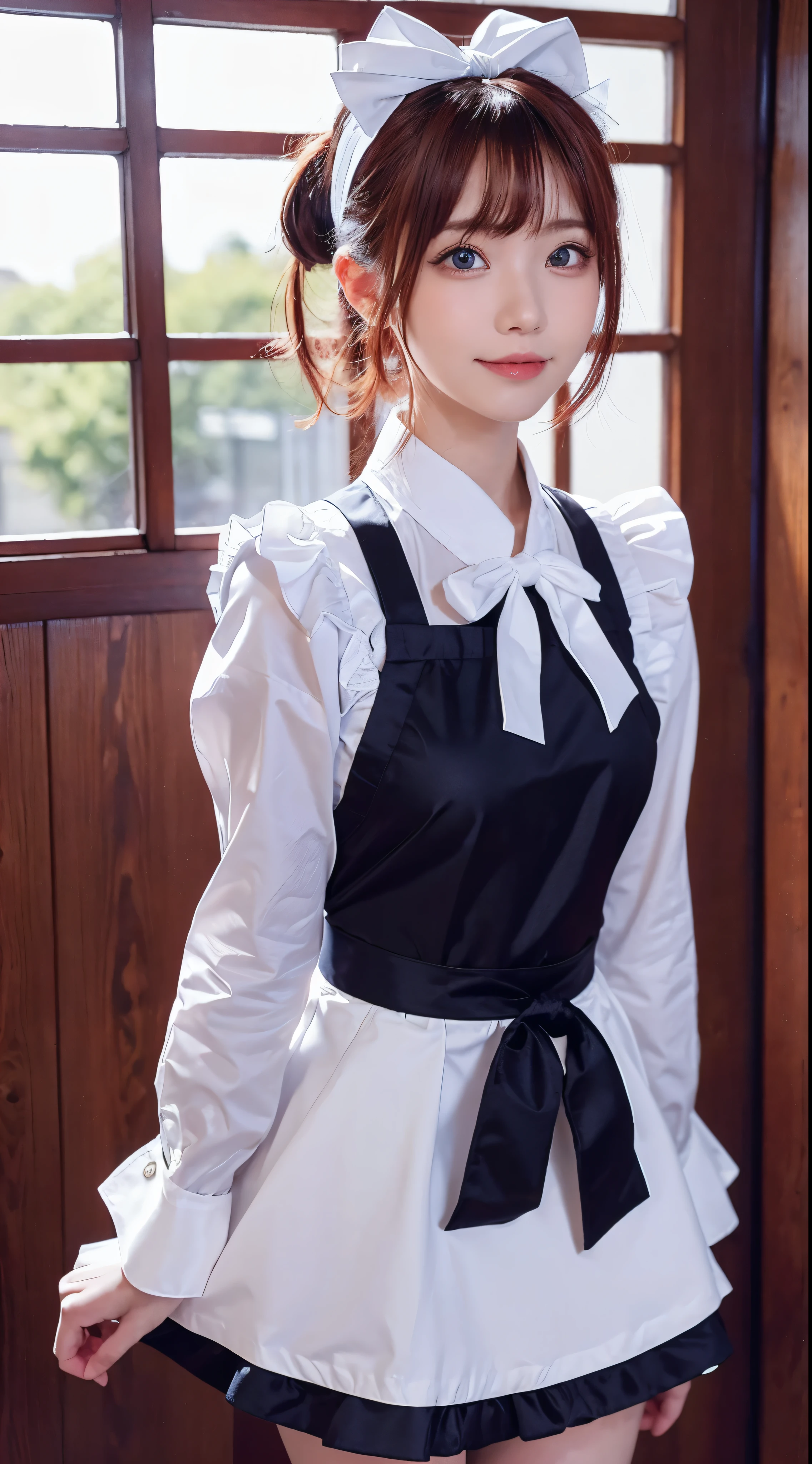 masterpiece,best quality,anime,(2d:1.2),indoors, ,  1girl, roswaal mansion maid uniform, solo, maid, cyan blue eyes, short hair,bow hairband, hair between eyes, detached sleeves, looking at viewer, red hairband,ribbon, bangs, looking back, bow, orange hair,red ribbon, black sleeves, window, long sleeves, apron, white bow, frills,ribbon trim,light smile, own hands together,