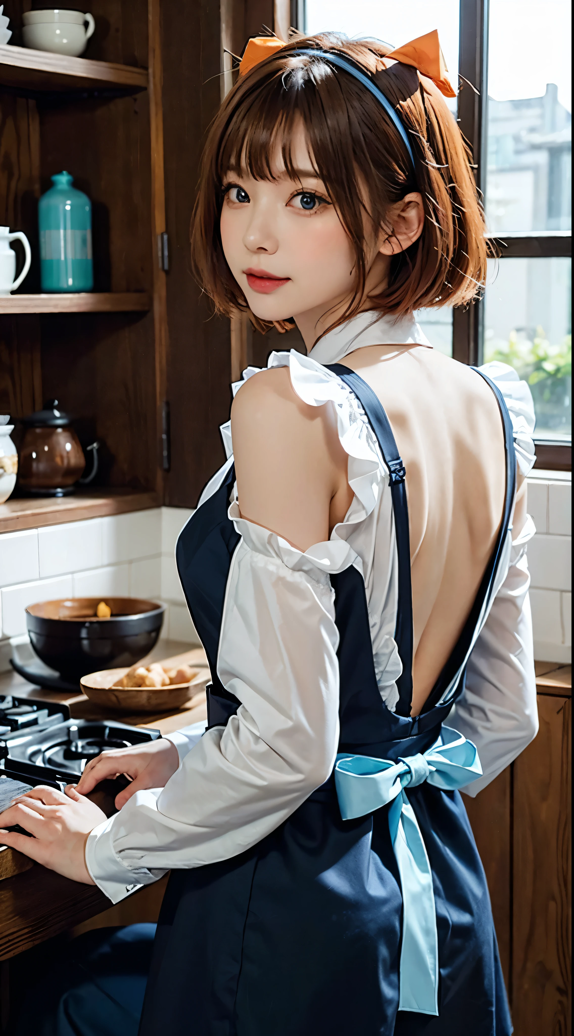 masterpiece,Highest quality,anime,(2d:1.2),indoor, , 1girl, ロズワールマンションMaid服, solo, Maid, Cyan blue eyes, short hair,ribbonヘアバンド, Hair between the eyes, Cut off the sleeves、Looking at the audience, Red Hairband,ribbon, bangs, look back, bow, Orange Hair,赤いribbon, Black sleeves, window, Long sleeve, apron, 白いribbon, Frills,ribbonトリム,A light smile,Put your hands together,