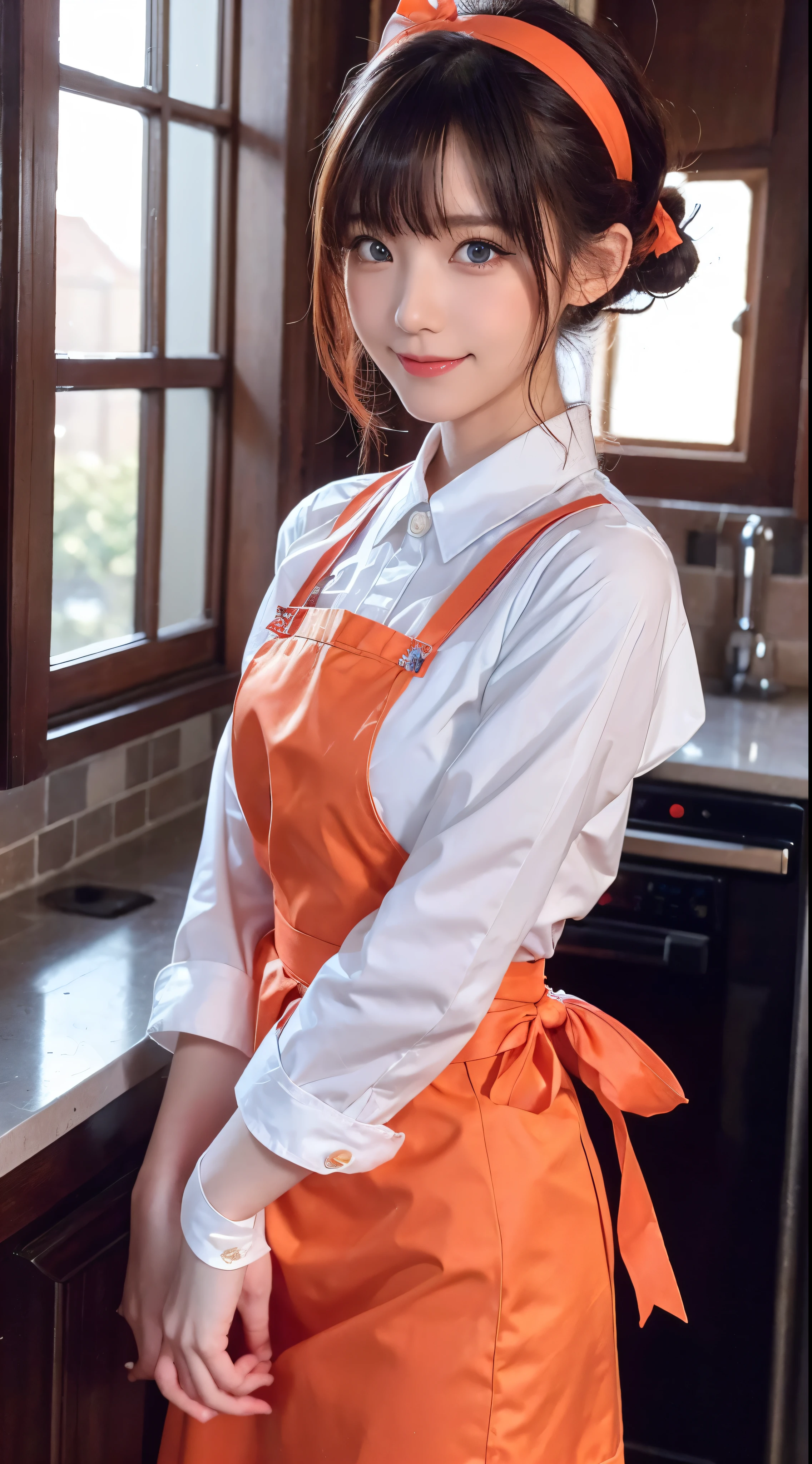masterpiece,Highest quality,anime,(2d:1.2),indoor, , 1girl, ロズワールマンションMaid服, solo, Maid, Cyan blue eyes, short hair,ribbonヘアバンド, Hair between the eyes, Cut off the sleeves、Looking at the audience, Red Hairband,ribbon, bangs, look back, bow, Orange Hair,赤いribbon, Black sleeves, window, Long sleeve, apron, 白いribbon, Frills,ribbonトリム,A light smile,Put your hands together,Please change the filled areas to the same color as the clothes.,
