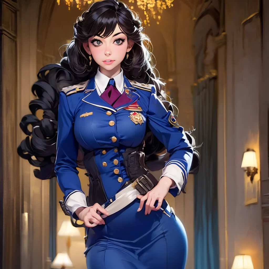 Girl with Russian character, wearing uniform,Russian military hat, looking at the viewer with sexy face,white skin and well defined black hair,beautiful and well detailed blue eyes, living room,bookshelf behind, good lighting, with one hand beating continence is the other backwards. --auto --s2