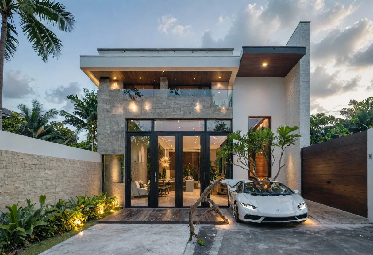 exterior house, contemporary style, white wall, wood wall, steel door, glass window, (realistic:1.2), Masterpiece, high quality, best quality, authentic, super detail, outdoors,road, trees, sky, cloud, (daylight:1.1), modern luxury villa, coconut trees, landscape, along the white beach, clear sky, day time, warm lighting RAW Photo, RAW texture, Super Realistic, 32K UHD, DSLR, soft lighting, high quality, film rating, Fujifilm XT3,Modern, Residential Architecture,  car in front of house