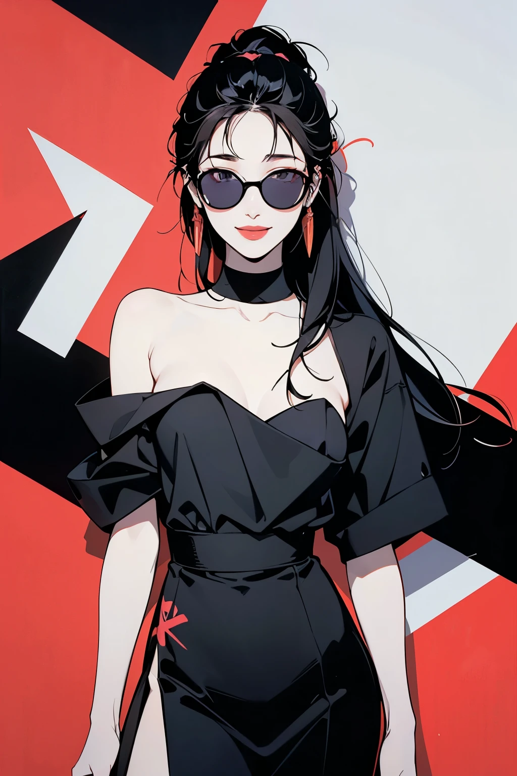 Flat Illustration artwork, ((Angelababy)) in a strapless dress standing in front of simple background, up close, wear dark sunglasses, korean pop-star, big smile, black hair, pretty hands, fringe, simple red background, palm trees, (graffiti wall:1.2), ((Art style by Patrick Nagel)), ((8k, wallpaper, detailed)), strong, courageous, art by Patrick Nagel, music album art cover