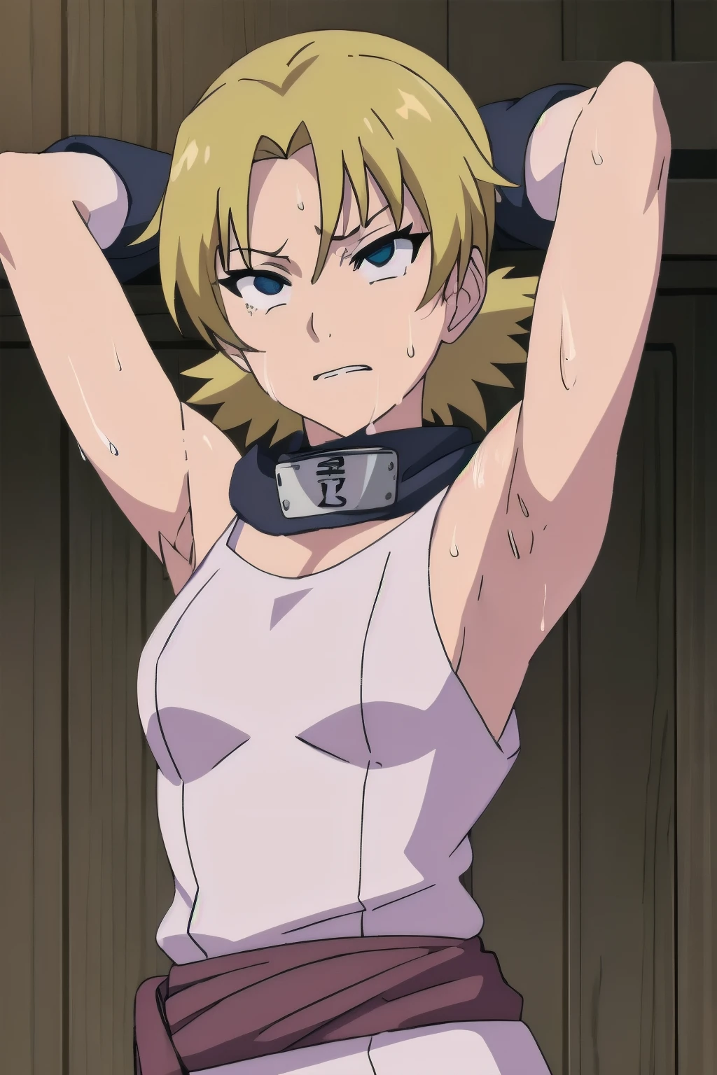 Temari,1girl, solo,armpits,wet armpits, showing wet armpits, armpit,armpits,sweat,sweaty,sweaty armpits,awesome armpits,tired,exhausted,arms up,blackish arm warmers,sleeveless