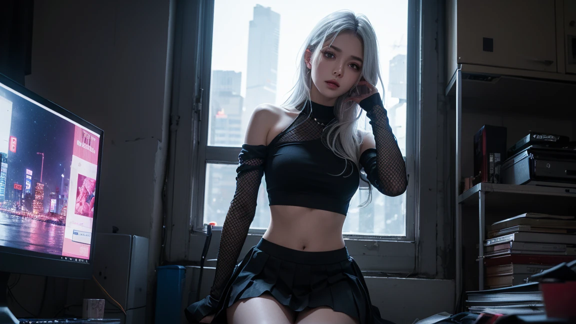 best quality,Masterpiece,Messy cyberpunk room,Be cool,Dynamic angle,thick Outline,(1 girl:1.2),Detailed eyes,white hair,detailed face,crop top,pleated sleeves,pleated skirt,fishnet thighs,Cowboy Shot,Volumetric light,Outline,window,colorful,cut neon light,cyberpunk city,high saturation,(best illustrations),sky clouds and stars,galaxy, black dress, white background