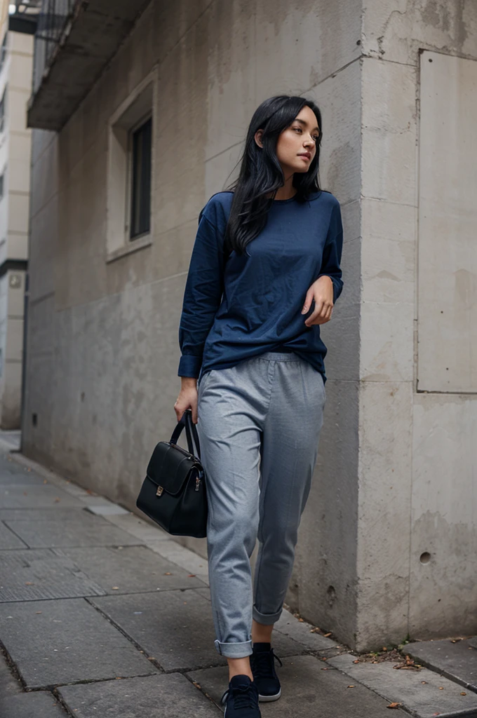 Someone wearing a long blue shirt, gray pants, black shoes, black hair