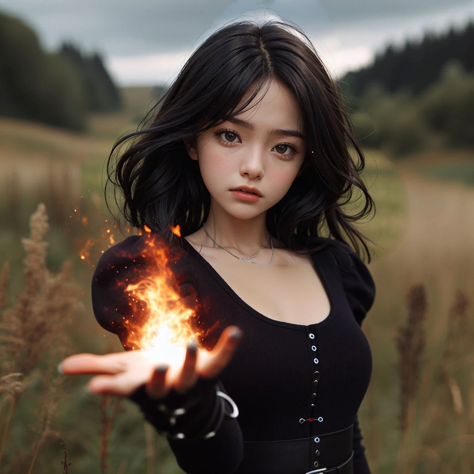 Beautiful sixteen year old girl with dark hair, standing in the meadow, wearing modern clothes, with an angry expression, holding one hand forward, There&#39;s a magic spark in that hand.