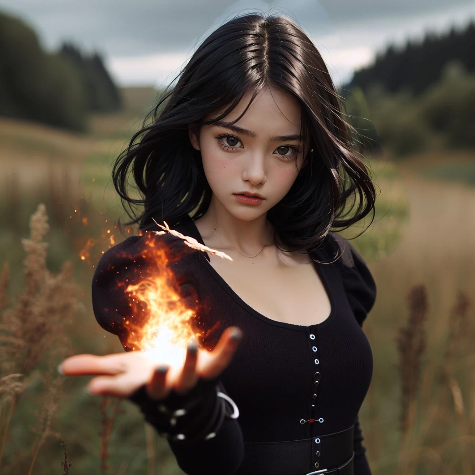 Beautiful sixteen year old girl with dark hair, standing in the meadow, wearing modern clothes, with an angry expression, holding one hand forward, There&#39;s a magic spark in that hand.