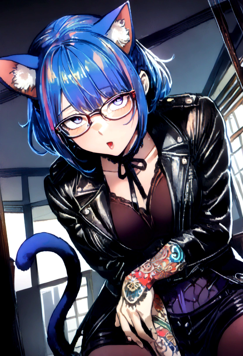 masterpiece, best quality,anime style, 1 girl,(((slender body))), (((small breast))),(((Jacket, Open your clothes, Open jacket, Blue jacket, ground vehicle, Sports Bra, bicycle,buruma,glasses))),(((((brown penis tentacles bound the girl))))), ((((restrained, arms behind back)))),((((cum)))), (beautiful face), (((short hair))), (((straight hair))), ((((blue hair)))),detailed beautiful skin, (perfect hands, perfect anatomy)