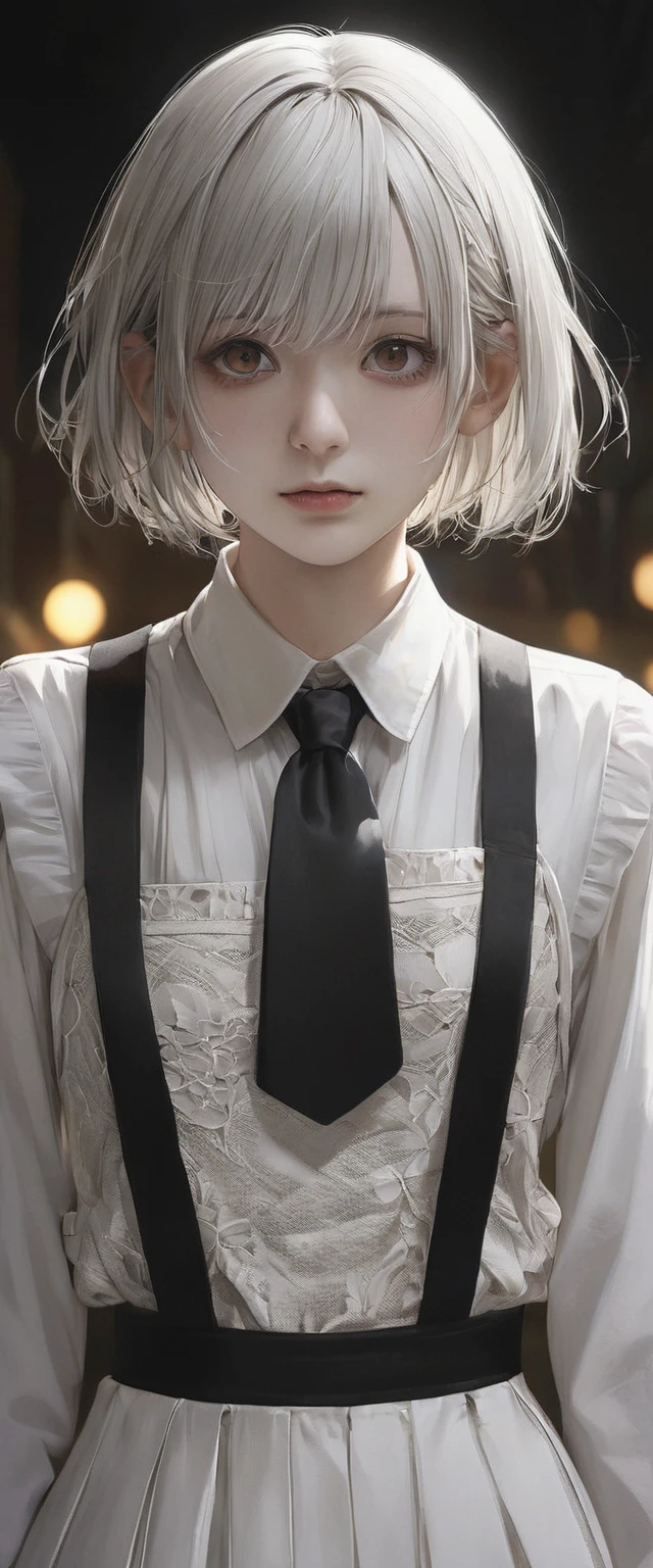 detailed face, cute face, ((masterpiece, Highest quality)), (One girl), (alone), (Focus on women), night (Chainsaw Man),(Highly detailed face, The real picture, Realistic white skin, Realistic body, Intricate details), Upper Body, Severe , Brown eyes, Looking at the audience, bandage over the body, Black Hair, Long sleeve shirt, Pinafore dress, Black tie, bandage, bandage, Small breasts